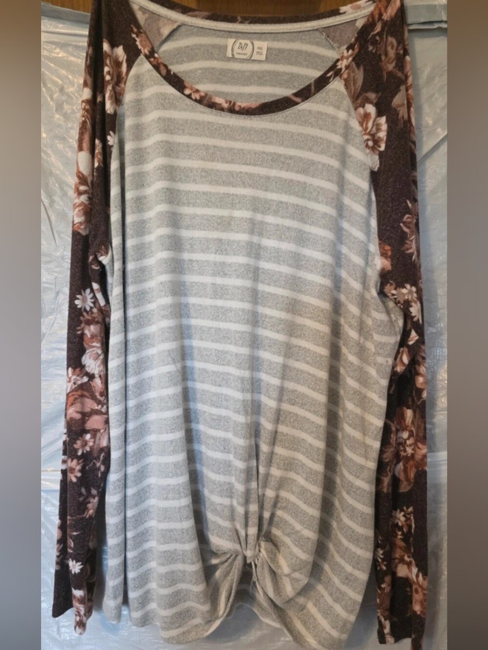 Maurices Gray & Brown Striped Long Sleeve Top with Floral Sleeves